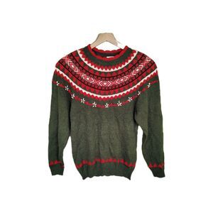 Vtg 90s Holiday Nordic Fair Isle Knit Sweater Retro Embroidered Preppy Small